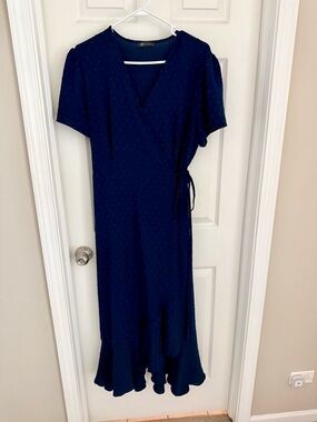 Classic Navy Wrap Midi Dress with Ruffle Hem